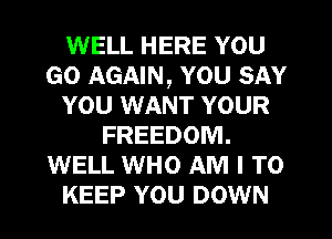 WELL HERE YOU
GO AGAIN, YOU SAY
YOU WANT YOUR
FREEDOM.
WELL WHO AM I TO
KEEP YOU DOWN