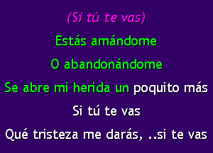 Estais ama'mdome
O abandona'mdome
Se abre mi herida un poquito mas
Si tLi te vas

Qw tristeza me darais, ..si te vas