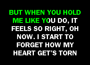 BUT WHEN YOU HOLD
ME LIKE YOU DO, IT
FEELS SO RIGHT, 0H

NOW. I START T0
FORGET HOW MY
HEART GETS TORN