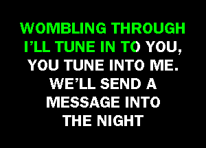 WOMBLING THROUGH
VLL TUNE IN TO YOU,
YOU TUNE INTO ME.

WELL SEND A
MESSAGE INTO
THE NIGHT