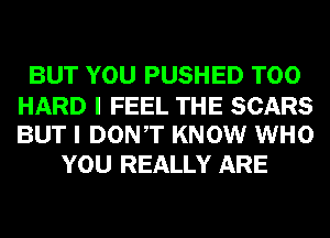 BUT YOU PUSHED T00

HARD I FEEL THE SCARS
BUT I DONT KNOW WHO

YOU REALLY ARE