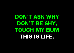 DONT ASK WHY
DONT BE SHY,

TOUCH MY BUM
THIS IS LIFE.
