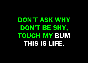 DONT ASK WHY
DONT BE SHY,

TOUCH MY BUM
THIS IS LIFE.