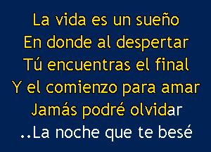 La Vida es un sueflo
En donde al despertar
TU encuentras el final

Y el comienzo para amar

Jamas podrei- olvidar

..La noche que te besei-