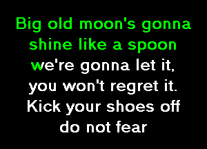 Big old moon's gonna
shine like a spoon
we're gonna let it,
you won't regret it.
Kick your shoes off

do not fear