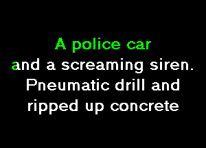 A police car
and a screaming siren.
Pneumatic drill and
ripped up concrete