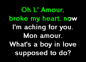 Oh L' Amour,
broke my heart, now
I'm aching for you.

Mon amour.
What's a boy in love
supposed to do?