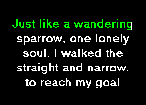 Just like a wandering
sparrow, one lonely
soul. I walked the
straight and narrow,
to reach my goal