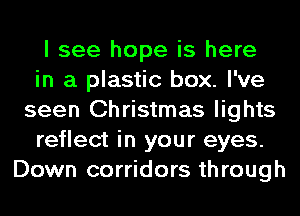 I see hope is here

in a plastic box. I've
seen Christmas lights

reflect in your eyes.
Down corridors through