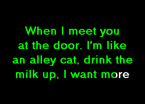 When I meet you
at the door. I'm like

an alley cat, drink the
milk up. I want more