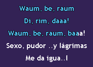 Waum, be, raum
Di, rim, daaa!

Waum, be, raum, baaa!

Sexo, pudor ..y lriugrimas

Me da igua..l