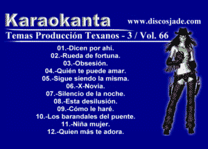 KaraOkanta u u x tI'Iwmsz(Ic.('nnI

Tunas Yrmluu'il'm lllnumls - 3 -' Vol. ()6

01,-Dicen porahi,
IYL-Rueda de fonuna,
Ol-Obsesidn,
01,-Ouisin le puede amar
05,-Sigue siendo ta misma
06,-X-Novia,
07,-Silencio de la nache
08,-Esla desilusion.
03,-Como le hare,
iO-Lcs naranaales ael puente
1t -Nlna mujer
12 Omen mas (e adora