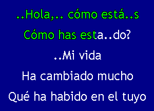 ..Hola,.. cbmo esta..s

Cbmo has esta..do?
..Mi Vida
Ha cambiado mucho

Que? ha habido en el tuyo