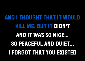 AND I THOUGHT THAT IT WOULD
KILL ME, BUT IT DIDN'T
AND IT WAS 80 NICE...

SO PEACEFUL AND QUIET...
I FORGOT THAT YOU EXISTED
