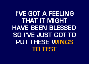 I'VE GOT A FEELING
THAT IT MIGHT
HAVE BEEN BLESSED
SO I'VE JUST GOT TO
PUT THESE WINGS
TO TEST