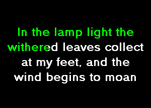In the lamp light the
withered leaves collect
at my feet, and the
wind begins to moan