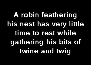 A robin feathering
his nest has very little
time to rest while
gathering his bits of
twine and twig