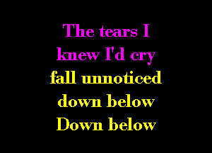 The tears I
knew I'd cry

fall unnoticed
down below
Down below