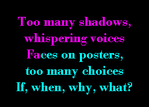 Too many shadows,
Whispering voices
Faces 0n posters,
too many choices

If, When, Why, what?