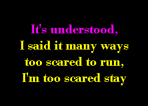 It's lmderstood,
I said it many ways
too scared to rlm,
I'm too scared stay