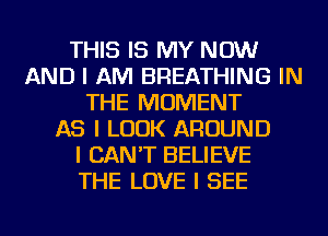 THIS IS MY NOW
AND I AM BREATHING IN
THE MOMENT
AS I LOOK AROUND
I CAN'T BELIEVE
THE LOVE I SEE