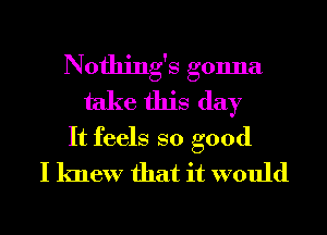 Nothing's gonna
take this day

It feels so good
I knew that it would