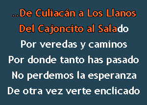 ..De Culiacan a Los Llanos
Del Cajoncito al Salado
Por veredas y caminos

Por donde tanto has pasado

No perdemos la esperanza

De otra vez verte enclicado