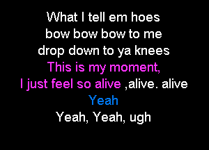 What I tell em hoes
bow bow bow to me
drop down to ya knees
This is my moment,

I just feel so alive ,alive. alive
Yeah

Yeah, Yeah, ugh l