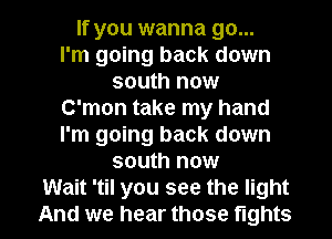 If you wanna go...
I'm going back down
south now
C'mon take my hand
I'm going back down
south now

Wait 'til you see the light
And we hear those fights l