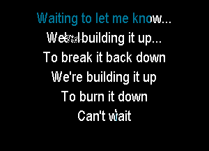 Waiting to let me know...
Wekmlbuilding it up...
To break it back down

We're building it up
To burn it down
Can't miait
