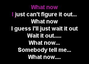 What now

Ijust can't figure it out...
What now

I guess I'll just wait it out

Wait it out .....
What now...
Somebody tell me...
What now....