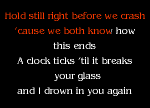 Hold still right before we crash
'cause we both lmow how
this ends
A clock ticks 'til it breaks
your glass
and l drown in you again