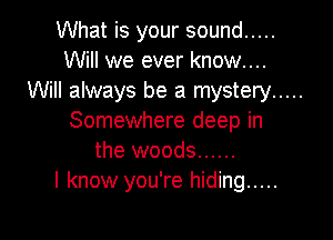 What is your sound .....
Will we ever know....
Will always be a mystery .....

Somewhere deep in
the woods ......
I know you're hiding .....