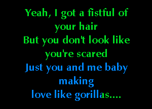 Yeah, I got a fistful of
your hair
But you doni look like
you're scared

Just you and me baby
making
love like gorillas....