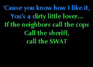 'Cause you know how I like it,
You's a dirty little lover...
If the neighbors call the cops
Call the sheriff,
call the SWAT
