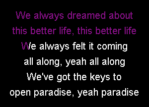 We always dreamed about
this better life, this better life
We always felt it coming
all along, yeah all along
We've got the keys to
open paradise, yeah paradise
