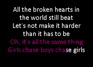 All the broken hearts in
the world still beat
Let's not make it harder
than it has to be
Oh, it's all the same thing
Girls chase boys chase girls