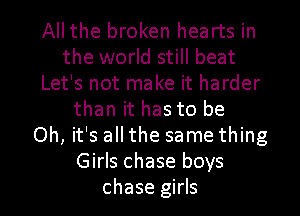 All the broken hearts in
the world still beat
Let's not make it harder
than it has to be
Oh, it's all the same thing
Girls chase boys
chase girls