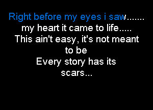 Right before my eyes i saw .......
my heart it came to life .....
This ain't easy, it's not meant
to be
Every story has its
scars...