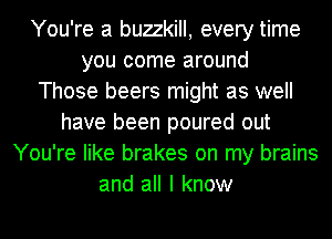 You're a buzzkill, every time
you come around
Those beers might as well
have been poured out
You're like brakes on my brains
and all I know