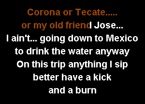 Corona or Tecate .....
or my old friend Jose...

I ain't... going down to Mexico
to drink the water anyway
On this trip anything I sip

better have a kick
and a burn