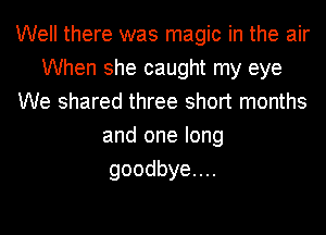 Well there was magic in the air
When she caught my eye
We shared three short months
and one long
goodbyeuu