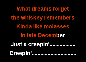 What dreams forget
the whiskey remembers
Kinda like molasses
in late December
Just a creepin' ..................
Creepin' ...............................