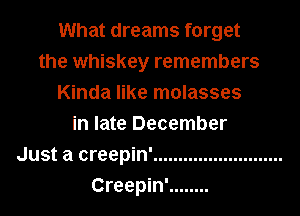 What dreams forget
the whiskey remembers
Kinda like molasses
in late December
Just a creepin' ..........................
Creepin' ........