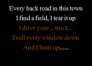 Every back road in this town
Ifind afield, I tear itup
Idrive your... truck...

I roll every Window down
And I bum up ......