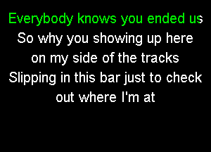 Everybody knows you ended us
So why you showing up here
on my side of the tracks
Slipping in this barjust to check
out where I'm at