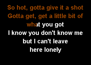 So hot, gotta give it a shot
Gotta get, get a little bit of

what you got

I know you don't know me
but I can't leave
here lonely