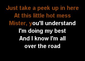 Just take a peek up in here
At this little hot mess
Mister, you'll understand
I'm doing my best
And I know I'm all
over the road