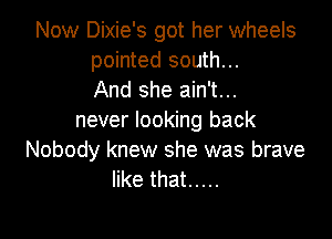 Now Dixie's got her wheels
pointed south...
And she ain't...

never looking back
Nobody knew she was brave
like that .....