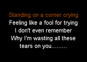 Standing on a corner crying
Feeling like a fool for trying
I don't even remember
Why I'm wasting all these
tears on you .........